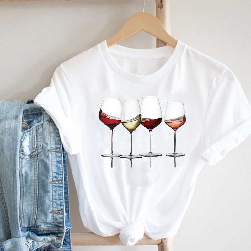 Women Printing Clothing Wine Lady Short Sleeve Casual.
