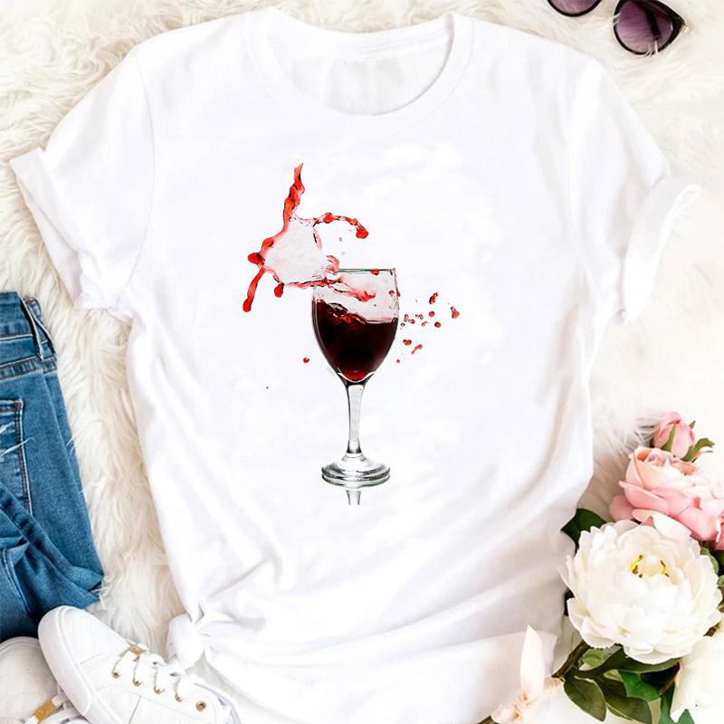 Women Printing Clothing Wine Lady Short Sleeve Casual.