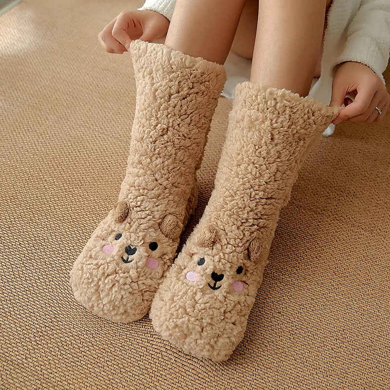 Cartoon Floor Winter Thick Polyester Fleece Fluffy Microfiber Women Fuzzy Socks.
