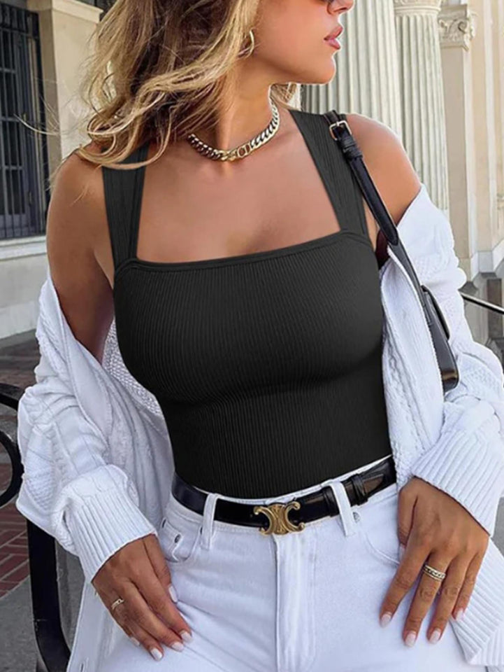 Women's One-piece Set Sleeveless Square Neck Skinny Yoga Bodysuit, Women's Sportswear Clothing.