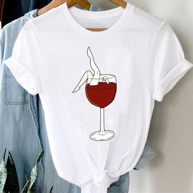 Women Printing Clothing Wine Lady Short Sleeve Casual.
