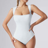 Women's One-piece Set Sleeveless Square Neck Skinny Yoga Bodysuit, Women's Sportswear Clothing.