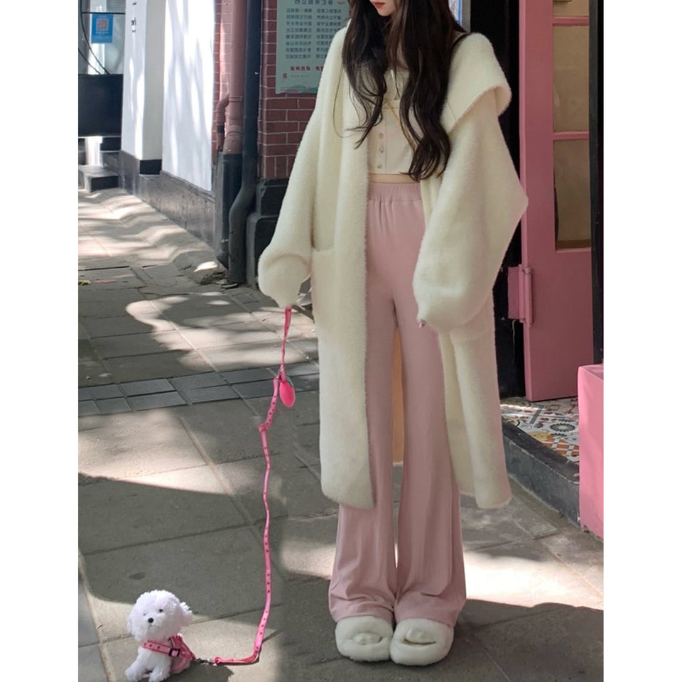 Hooded Fur Cardigan Coat Women's Spring Clothes, Thick Gentle Long Knitted Coat Handmade Clothing Hand Knit Outfit Of The Day.