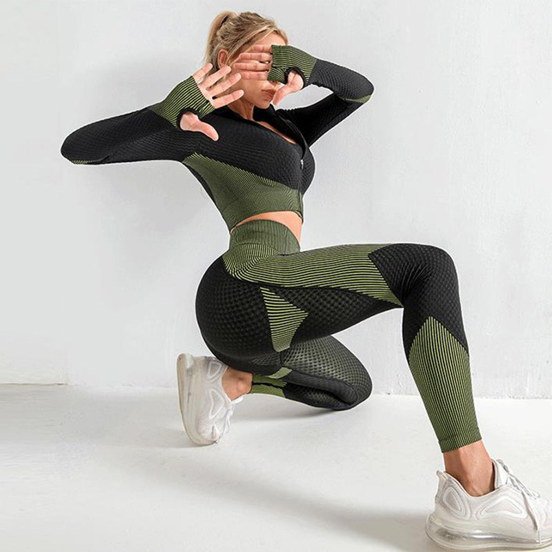 3PCS Yoga Set Seamless Sport Set Women Gym Clothing Leggings Women Crop Top Sports Bra.