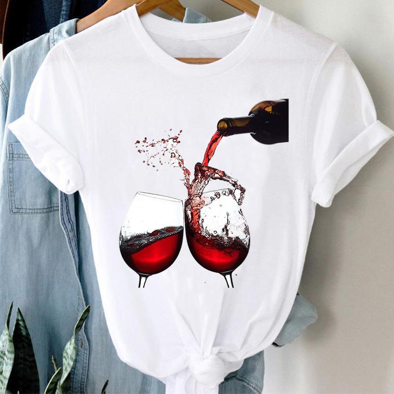 Women Printing Clothing Wine Lady Short Sleeve Casual.