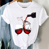 Women Printing Clothing Wine Lady Short Sleeve Casual.