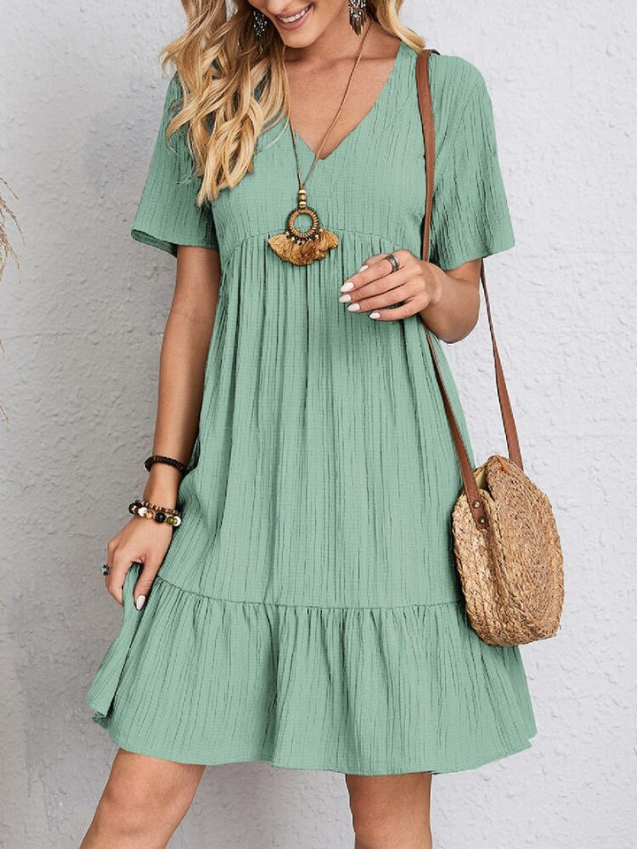 V-neck Short Sleeve Dress Summer Fashion Casual Loose Ruffled Dresses Beach Clothing Women.
