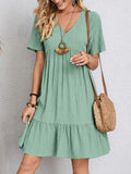 V-neck Short Sleeve Dress Summer Fashion Casual Loose Ruffled Dresses Beach Clothing Women.