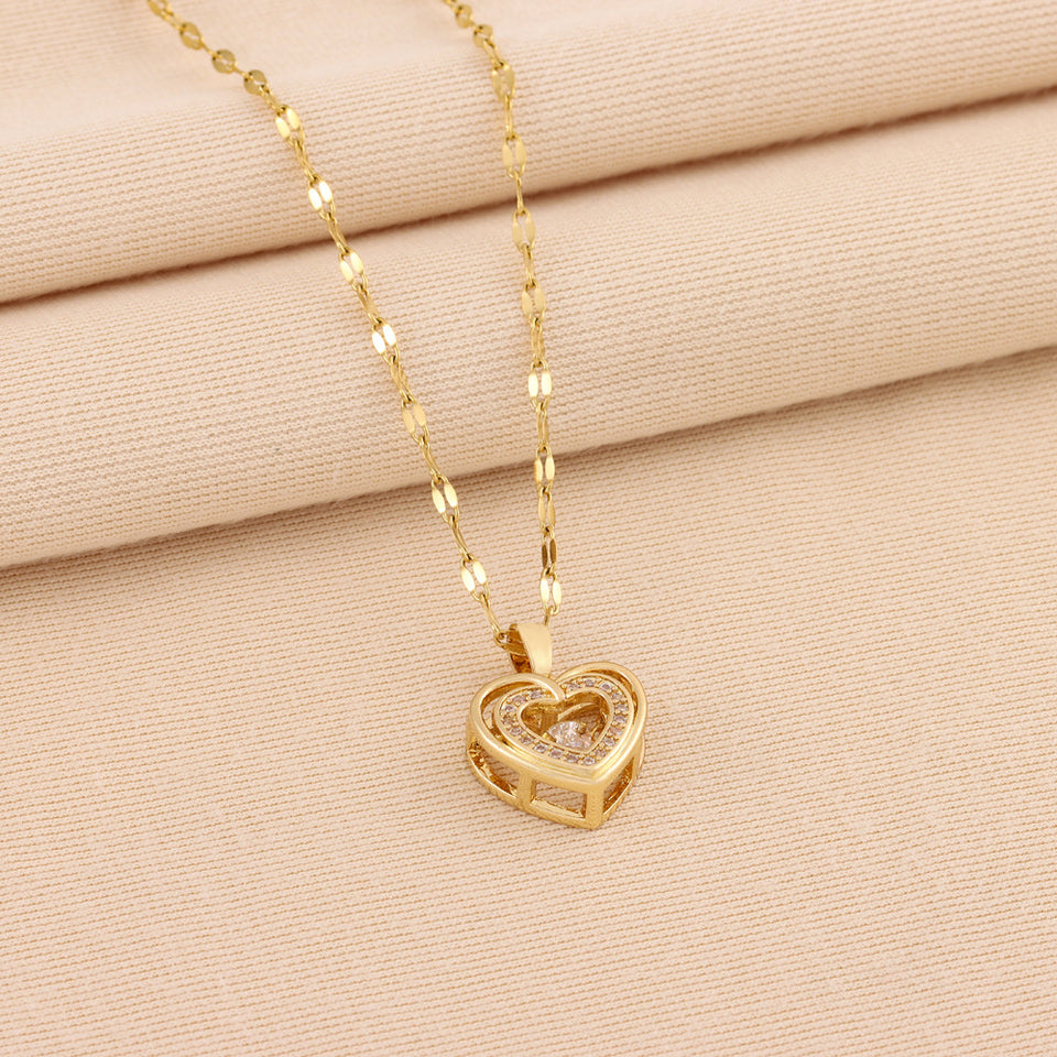 Double-layer Love Necklace With Rhinestones Titanium Steel Pendant Fashion Jewelry