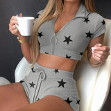 Cross-border Foreign Trade Source Women''s Clothing Star Printing Lapel Knitted Suit Two-piece Set.