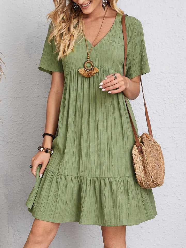 V-neck Short Sleeve Dress Summer Fashion Casual Loose Ruffled Dresses Beach Clothing Women.