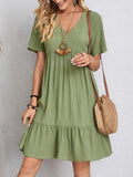 V-neck Short Sleeve Dress Summer Fashion Casual Loose Ruffled Dresses Beach Clothing Women.