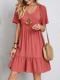 V-neck Short Sleeve Dress Summer Fashion Casual Loose Ruffled Dresses Beach Clothing Women.