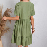 V-neck Short Sleeve Dress Summer Fashion Casual Loose Ruffled Dresses Beach Clothing Women.