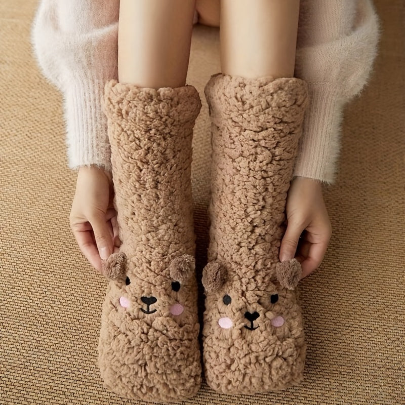 Cartoon Floor Winter Thick Polyester Fleece Fluffy Microfiber Women Fuzzy Socks.