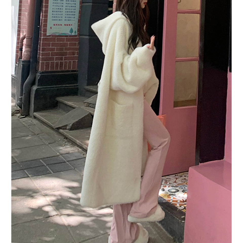 Hooded Fur Cardigan Coat Women's Spring Clothes, Thick Gentle Long Knitted Coat Handmade Clothing Hand Knit Outfit Of The Day.