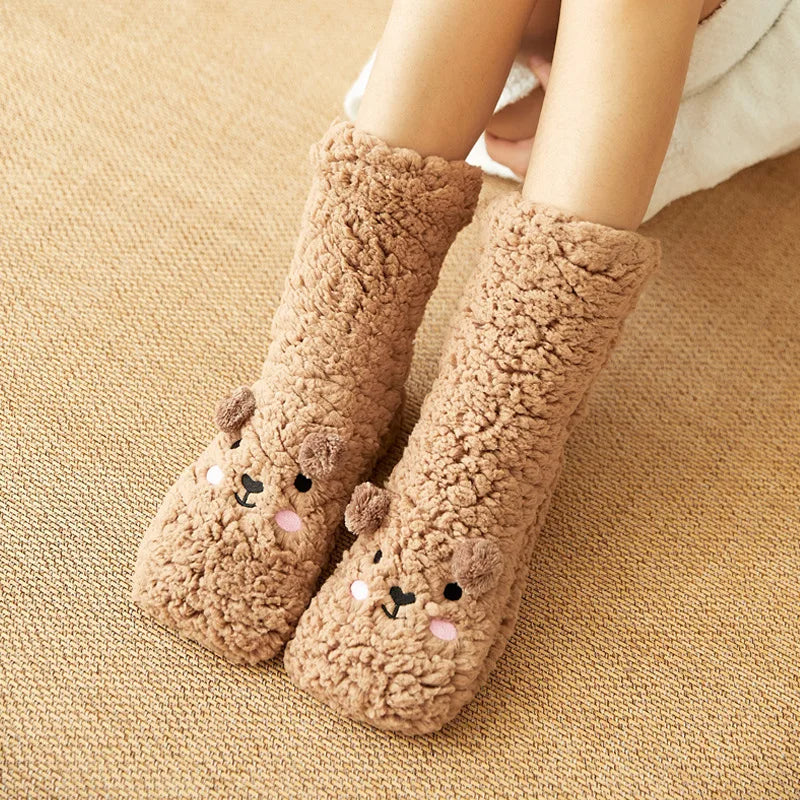 Cartoon Floor Winter Thick Polyester Fleece Fluffy Microfiber Women Fuzzy Socks.