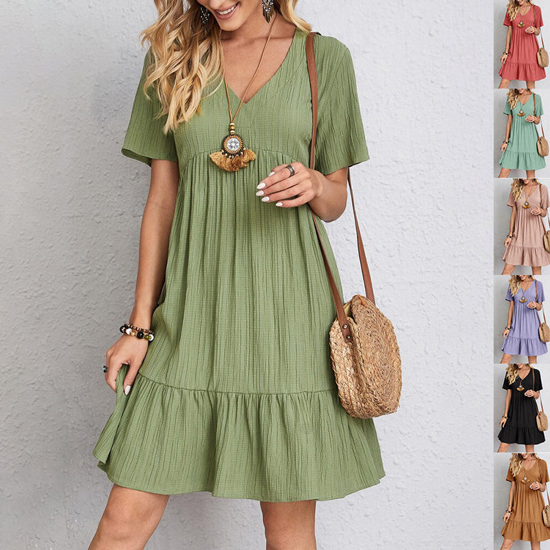 V-neck Short Sleeve Dress Summer Fashion Casual Loose Ruffled Dresses Beach Clothing Women.