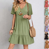V-neck Short Sleeve Dress Summer Fashion Casual Loose Ruffled Dresses Beach Clothing Women.