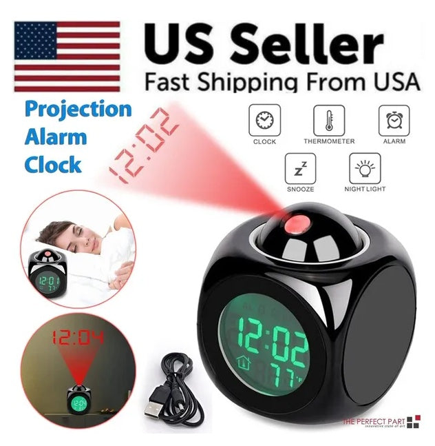 LED Projection Alarm Clock Digital LCD Display Voice Talking Weather Snooze USB