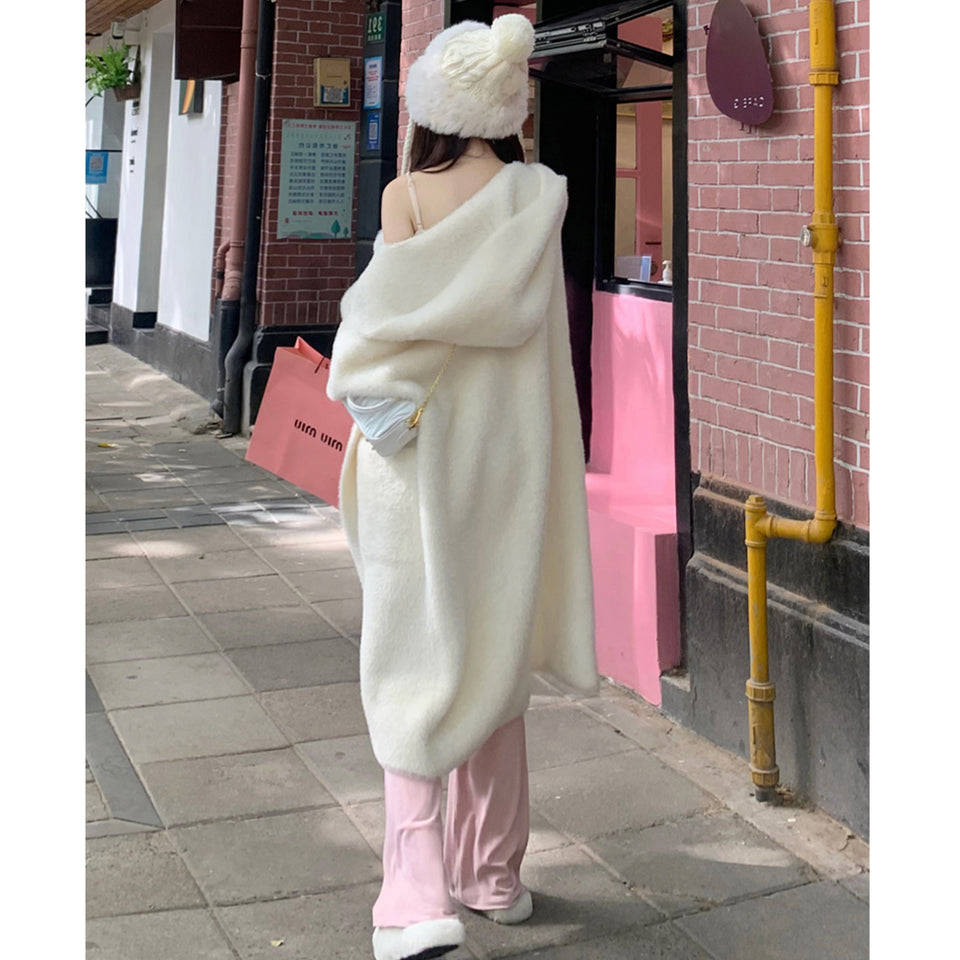 Hooded Fur Cardigan Coat Women's Spring Clothes, Thick Gentle Long Knitted Coat Handmade Clothing Hand Knit Outfit Of The Day.