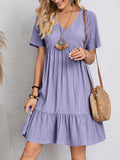 V-neck Short Sleeve Dress Summer Fashion Casual Loose Ruffled Dresses Beach Clothing Women.
